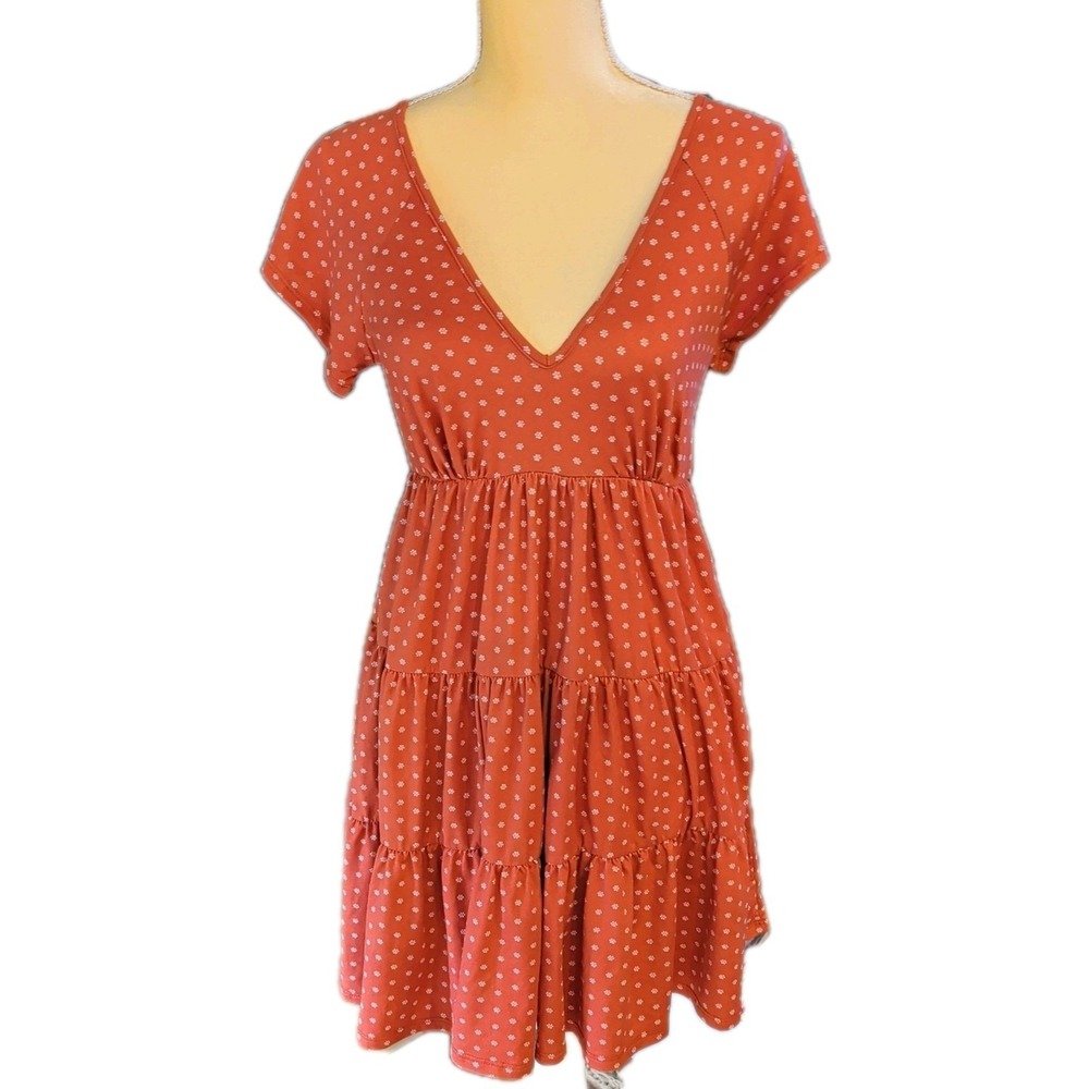 Urban Outfitter Women Size S Summer Mini Dress Rust With Beige Flower Polka Dots